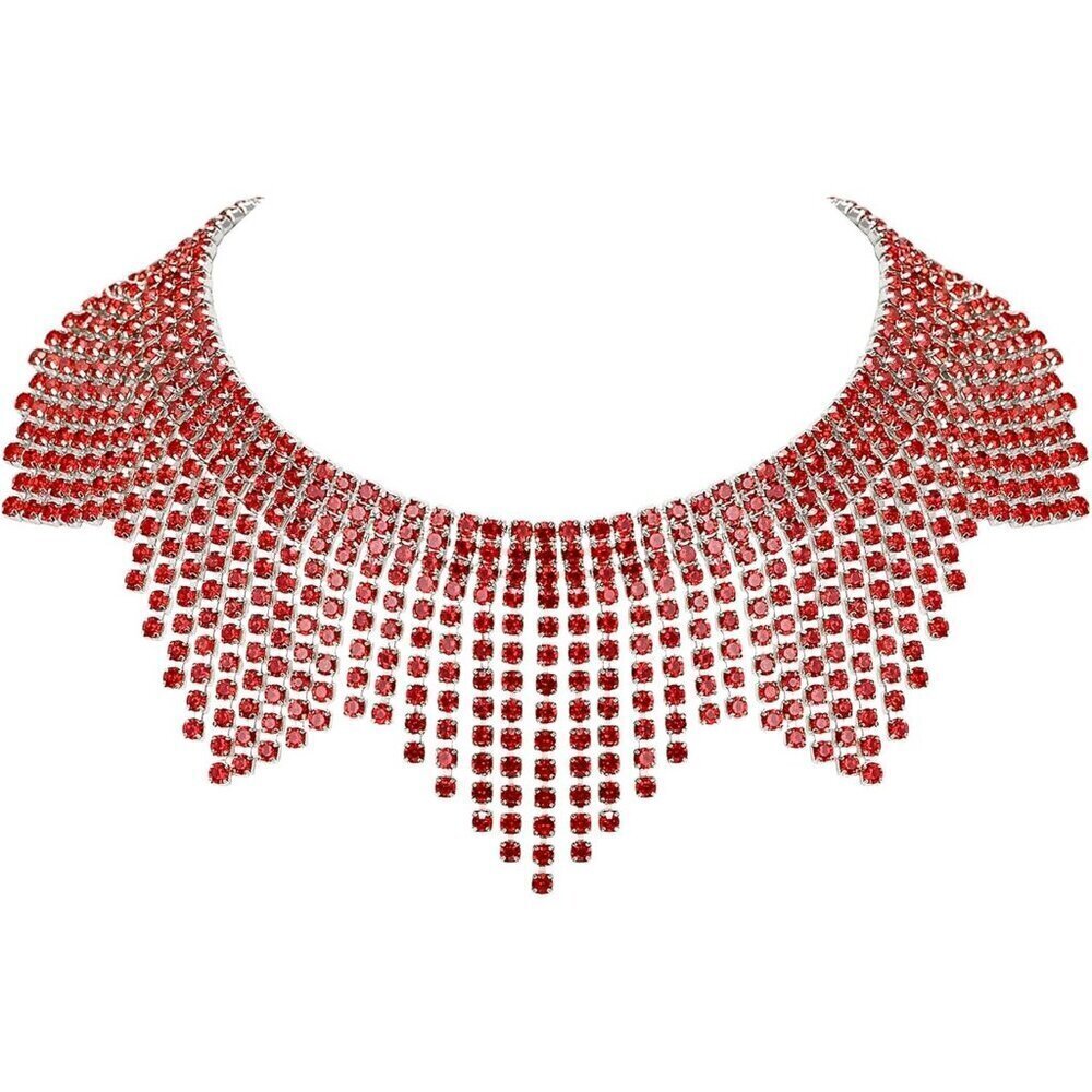๐ Women Red Sparkly Choker Necklace Rhinestone Crystal Tassel Chain Jewelry - Picture 8 of 8